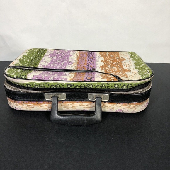 Small Travel Bag Suitcase 1970s Floral Striped Tropical Stripes Zipper Pocket - Picture 9 of 16